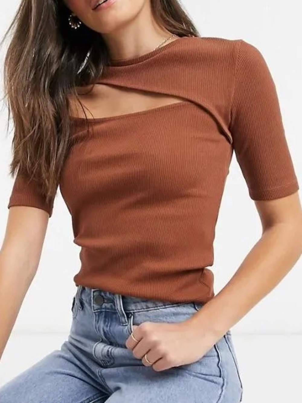 stradivarius Rust Brown Ribbed Cutout Short Sleeve Top